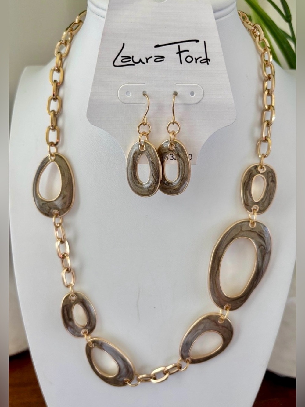 Laura Ford Elongated irregular oval links,enamel green/gray inlay, drop earrings